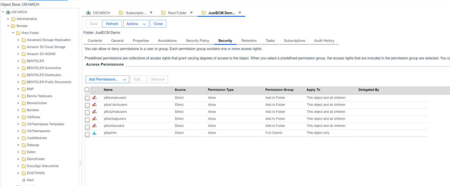 IBM Inheritance of folder permissions on documents added to