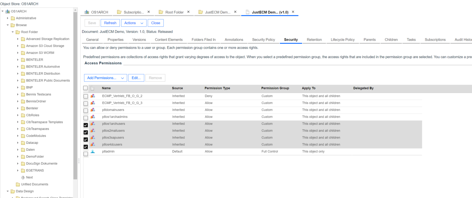 IBM Inheritance of folder permissions on documents added to